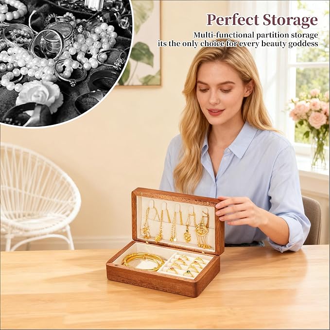 Travel Jewelry Case Small Wood Jewelry Organizer Jewelry Box for Women (Nut-Brown Print F)