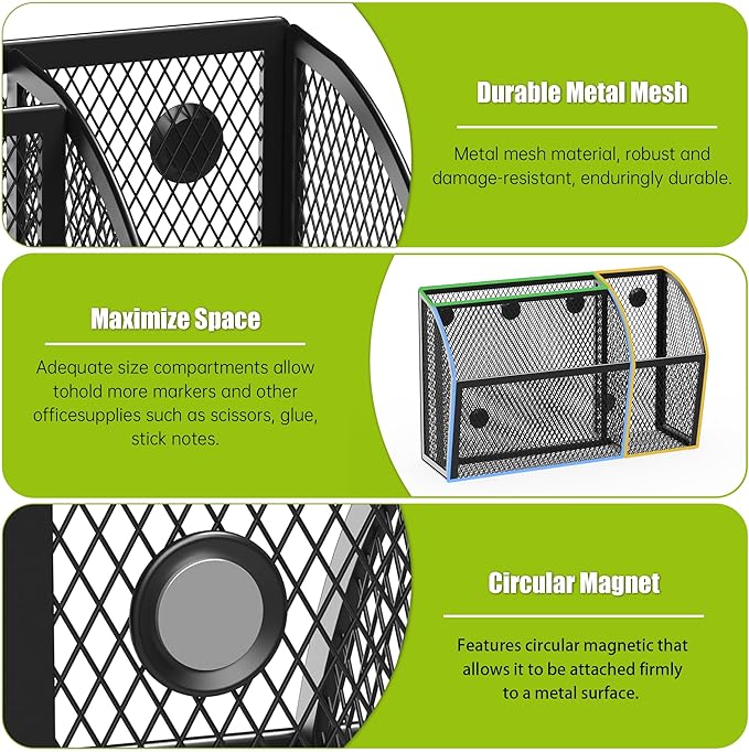 YINGHUA Magnetic Pen Holder for Whiteboard and Refrigerator 3 Compartments Metal Mesh Organizer Space Saving Shelf for Office School Home and Locker - Black