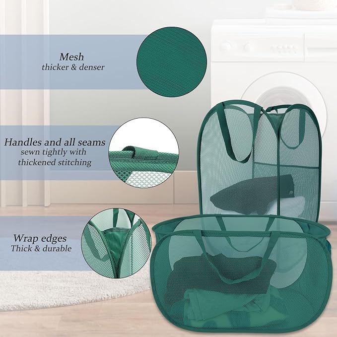 Upgraded Extra Large Mesh Pop Up Laundry Hamper 2 Pack, 100L Foldable Laundry Baskets, Dirty Clothes Hamper with Handles, Collapsible Hampers for Laundry Travel, Dorm or Home. Green