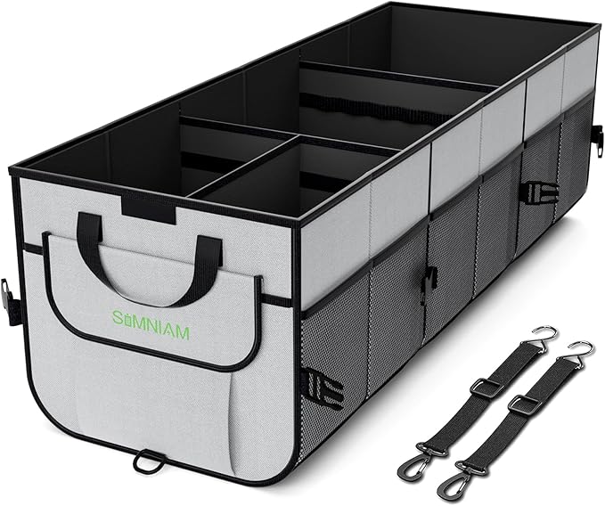 Simniam Car Trunk Organizer with Insulated Grocery Bag - 110L High Capacity Car Storage Box, with 4 Compartments, Reflective Strip, Cover, for Auto, SUV, Truck, Minivan
