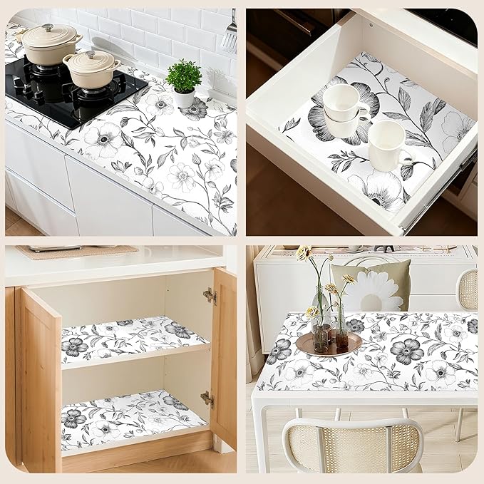 Drawer and Shelf Liner Black Flowers 17in x 20FT, Non Adhesive Anti-Slip Double Layer PVC Reusable Thickened Waterproof Easy Clean for Kitchen Cabinets Refrigerator with Knife Tape Measure