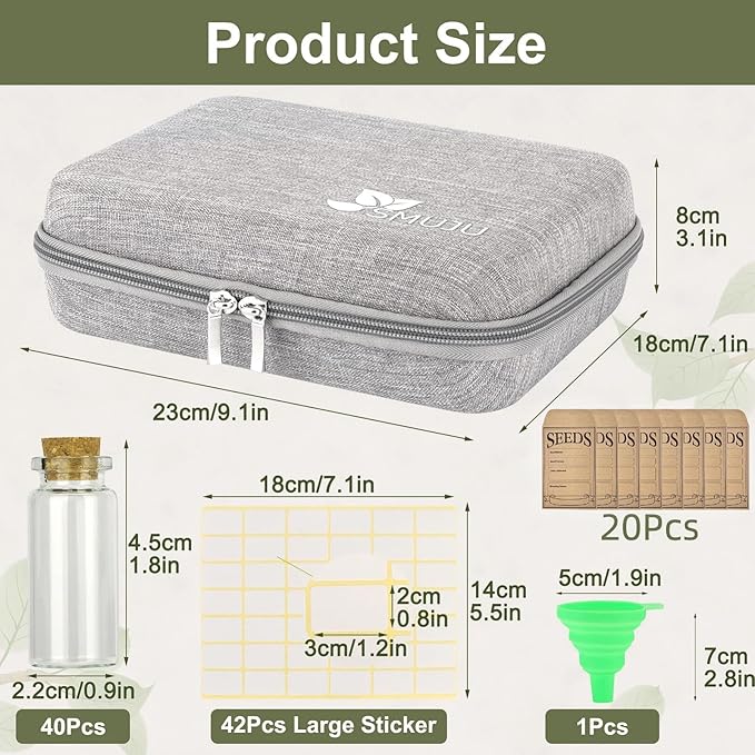 40 Slots Seed Storage Organizer with 20 Seed Envelopes, Sturdy Organizer Storage Box with Label Stickers, Glass Container for Flower Vegetable Garden Seed Saving (Seeds not Included)