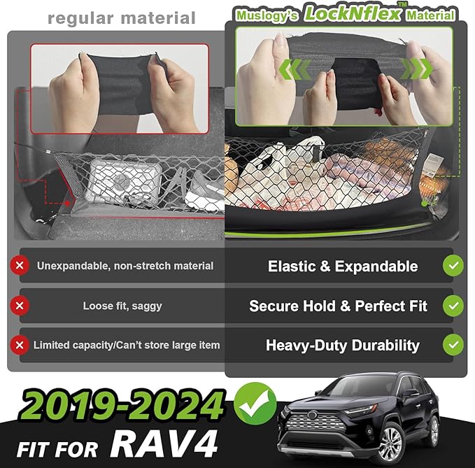 Muslogy Envelope Style Trunk Cargo Net Compatible with Toyota RAV4 2019-2024 2025 Accessories Custom Fit Trunk Organizer Upgraded Storage Luggage Net with Metal Hooks