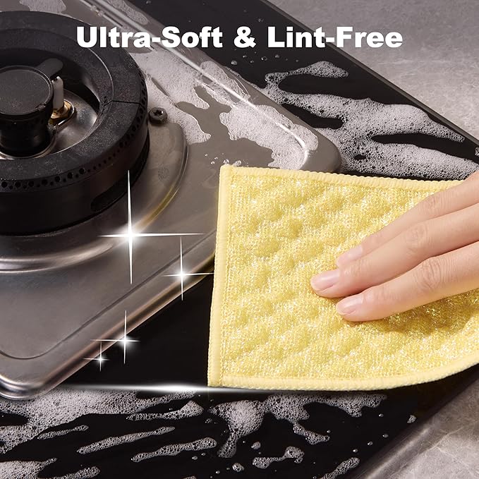 JOYMOOP 16 Packs Microfiber Cleaning Cloth - Bubble Mesh, Reusable Non-Scratch Cleaning Rags, Dual-Sided Dish Cloths, Multipurpose Dish Rags for Dishwashing, Kitchen, Stainless Steel, Yellow