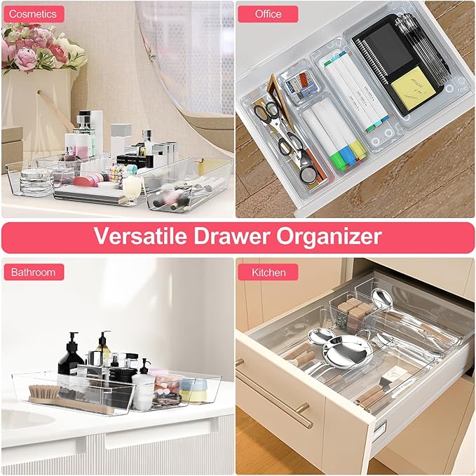 15 Piece Clear Plastic Drawer Organizers Set - 4 Sizes Bathroom & Dresser Storage Bins, Stackable Kitchen Desk Organizer Trays for Makeup, Jewelry, Utensils, Junk, Gadgets