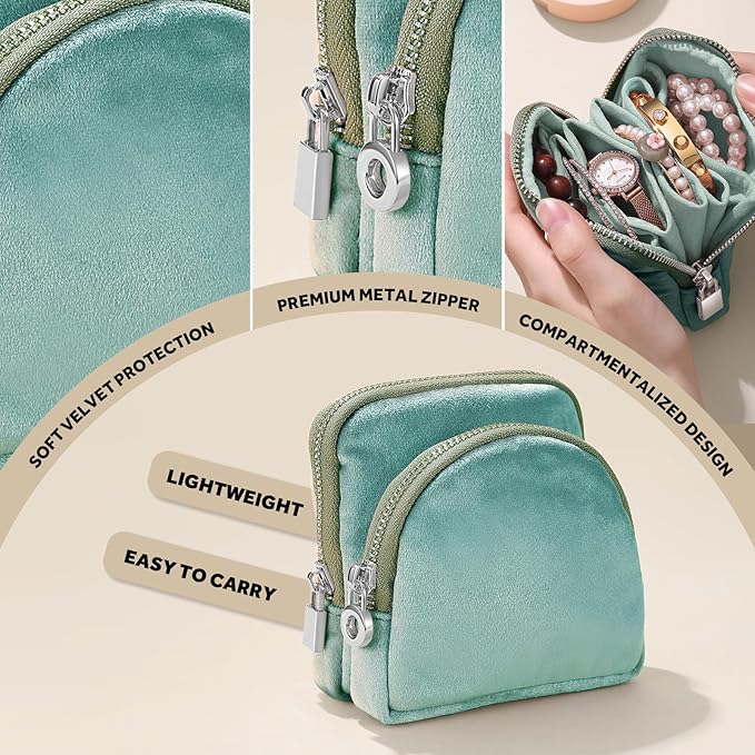 Small Travel Jewelry Case Set 2-in-1 Detachable Velvet Pouches, Portable Jewelry Organizer bag for Rings Earrings Bracelets, Gift Box for Women (Mint Green)