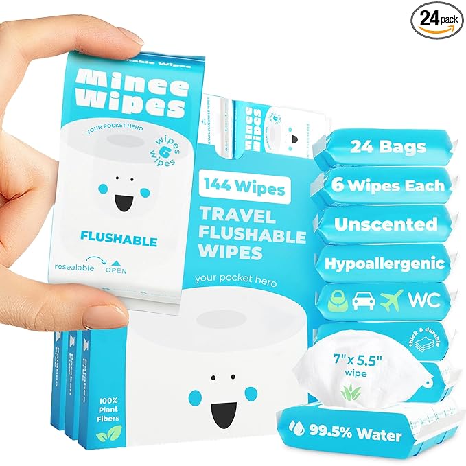 Impossibly Compact Travel Flushable Wipes - 99.5% Water and Aloe - Safe for Sensitive Skin & Hypoallergenic - Travel Essentials for Adults & Kids, Unscented, 24 Pack 144 Wipes