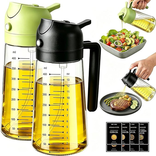 Poshetion 2 in 1 Olive Oil Sprayer for Cooking, 16oz Oil Dispenser for Kitchen, Leak-Proof Oil Spray Bottle for Air Fryer, Salad, BBQ, Baking, Grilling - Black & Green
