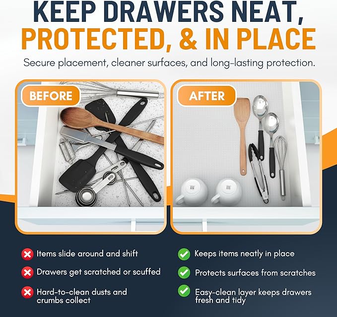 Shelf Liner Drawer Liner for Kitchen Cabinets Non-Adhesive by Linda’s Essentials (12 x 60 Inches) - Non-Slip Easy Clean Kitchen Cabinet and Cupboard Protector, Waterproof Mat, Clear Roll