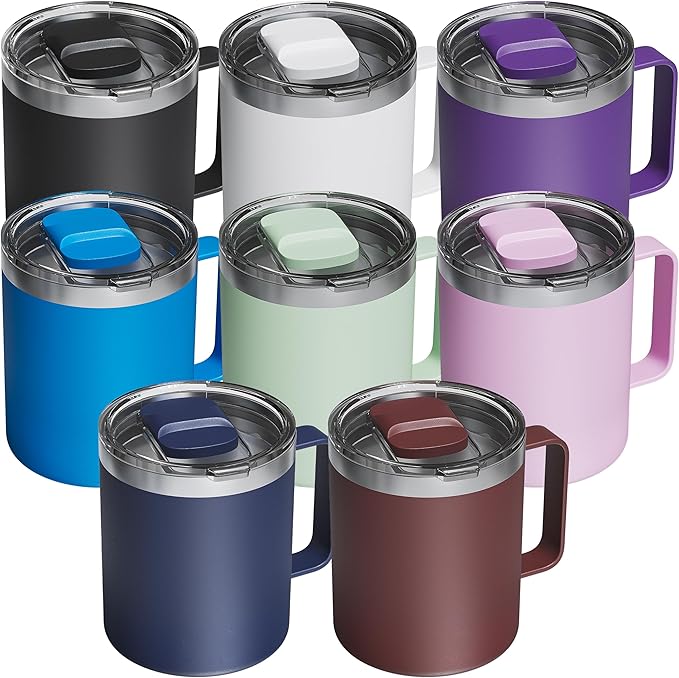 8 Pack 12oz Insulated Coffee Mug with Lid – Double Wall Stainless Steel Travel Cups with Handle, Keep Hot & Cold Drinks, Ideal Gift for Coffee Lovers, Home, Office & Camping (Assort colors)