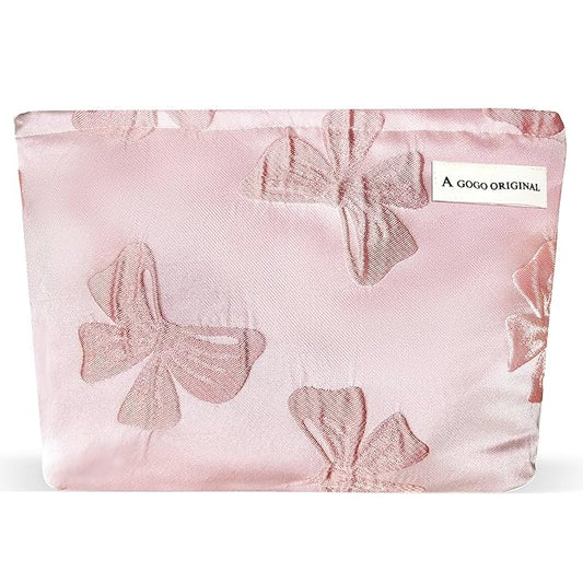 ZLFSRQ Bow Makeup Bag Travel Cute Bow Embossed Cosmetic Bag for Women Small Pink Bow Makeup Zipper Portable Storage Toiletry Pouch for Purse Aesthetic Christmas Essential Cosmetic Organizer