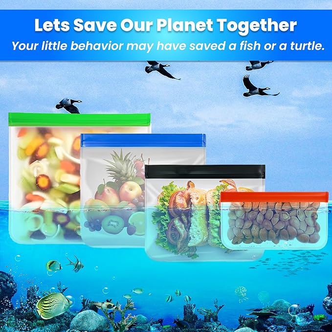 14-Pack Reusable Silicone-Style Ziplock Food Storage Bags – BPA-Free, Leakproof with 4 Snack, 6 Sandwich & 4 Gallon Sizes – Extra Thick, Freezer Safe & Eco-Friendly for Kitchen, Meal Prep & Travel