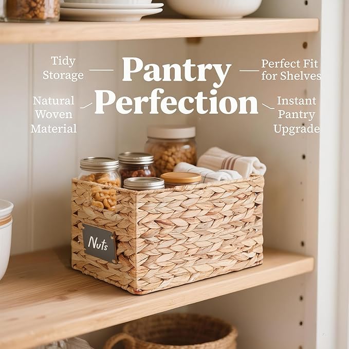 DECOMOMO Wicker Storage Baskets, Handwoven Pantry Baskets, Water Hyacinth Storage Baskets w/Chalkboard and Marker (Natural, Set of 2)