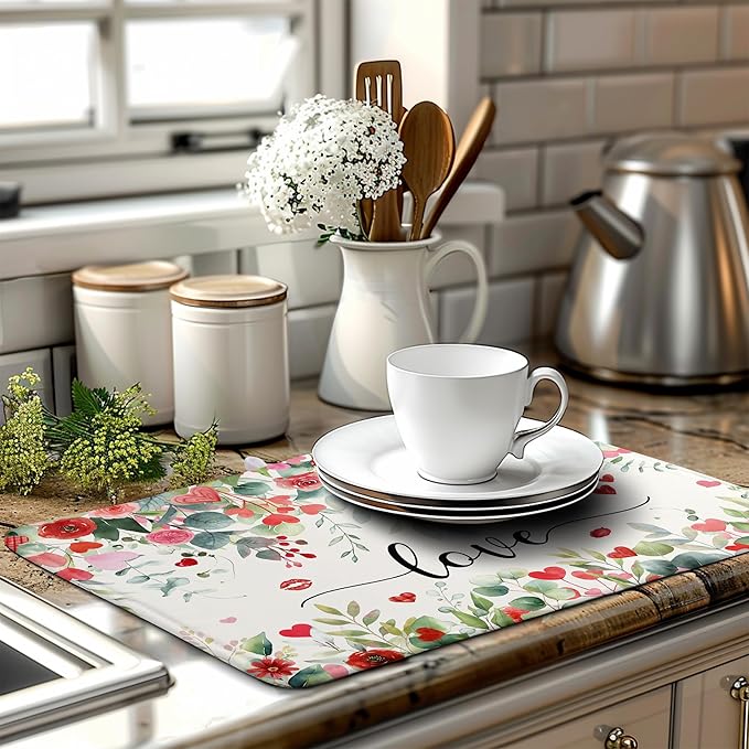 Valentines Day Love Heart Rose Eucalyptus Leaves Dish Drying Mat for Kitchen Counter 18x24 Inch Spring Valentine Microfiber Absorbent Dish Drainer Mats Reversible Drying Pad
