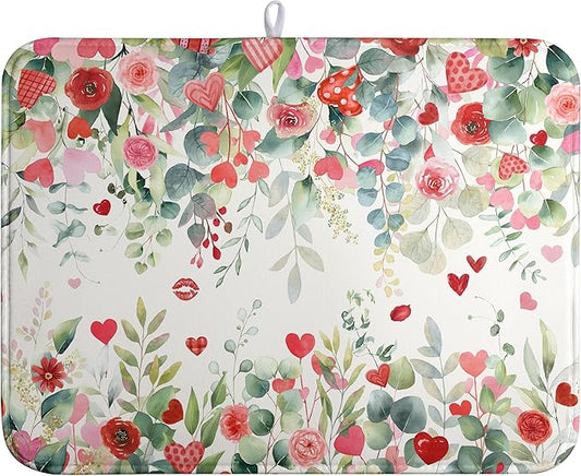 Valentine Dish Drying Mat for Kitchen Counter 18x24 Inch Valentines Love Heart Rose Eucalyptus Leaf Dishes Drying Pad Microfiber Absorbent Dish Draining Mat Washable Dish Drainer Mats