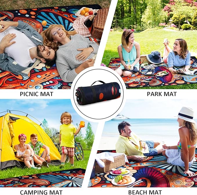 Mushroom Picnic Blankets Waterproof Foldable Picnic Outdoor Blanket 80"x 80" Picnic Mat 3-Layer Thicking Outdoor Foldable Blankets Sandproof Lightweight Beach Blankets with Strap Machine Washable