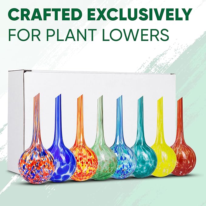 Mission Gallery Plant Watering Globes Set of 8 - Small Self Watering Globes for Indoor & Outdoor Plants - Multicolored, Automatic, Glass Watering Bulbs for Daily Use, Plant Watering Devices