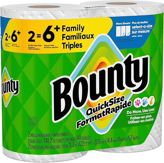 Bounty Paper Towels Quick Size, White, 2 Family Triple Rolls = 6+ Regular Rolls