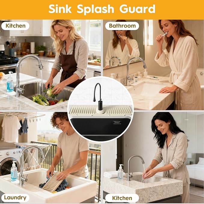 16" Silicone Faucet Mat for Kitchen Sink, Released on December 12, 2025, 8° Sloped for Fast Self-draining - Kitchen Sink Splash Guard, Bathroom Kitchen Sink Area Water Splash Guard Behind Faucet Draining Mat Beige
