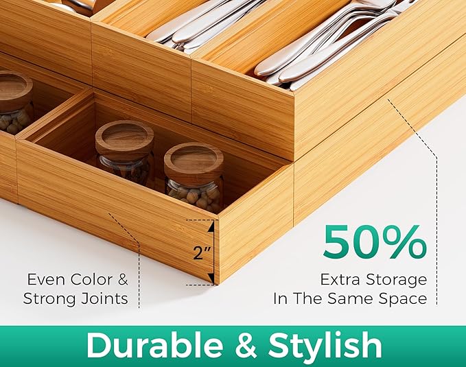 Bamboo Kitchen Drawer Organizer Boxes – 12" x 3" Stackable Wood Silverware Utensil Tray for Drawers Bins, Cutlery & Flatware Storage – Wooden Organizers Set of 2 for Junk Drawer, Bathroom, RV