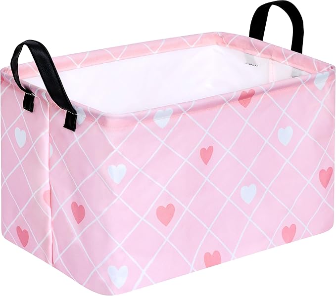 KUNRO Rectang Heart Valentine's Storage Basket Gift Shelf Basket Storage Bin, Nursery Basket Organizer Box for With Handles for Room Deco