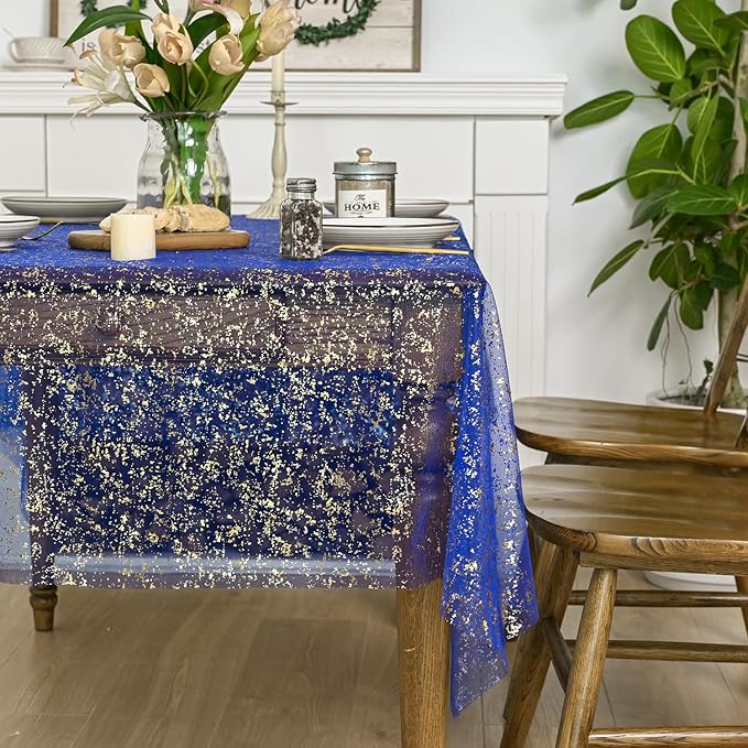 Horaldaily Royal Blue Gold Gauze Tablecloth 52x70 Inch Rectangular, Golden Sequin Glitter Metallic Foil, Sheer Tulle Cheesecloth for Wedding Baby Shower Ceremony Birthday