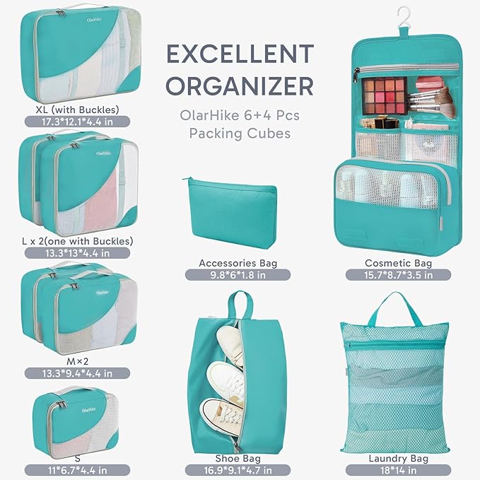 10 Set Packing Cubes for Travel, Gifts for Women & Mom, Anti-Tearing Suitcase Organizer, OlarHike Vacation Essentials & Accessories for Cruise Ship