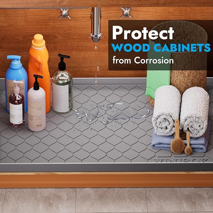 Silicone Under Sink Mat 25" x 22", kitchen Essentials and Gadgets, Shelf liner and Cabinet Protector, Home Organizers and Storage, Waterproof Bathroom Tray