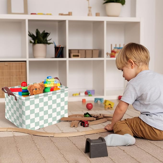 Cyan Checkered Basket Waterproof Canvas Toy Storage Bin Checkered Room Decor Collapsible Outdoor Basket with Leather Handles Cyan Decor Blanket Baskets For Closets,Bedrooms,Gifts Baskets