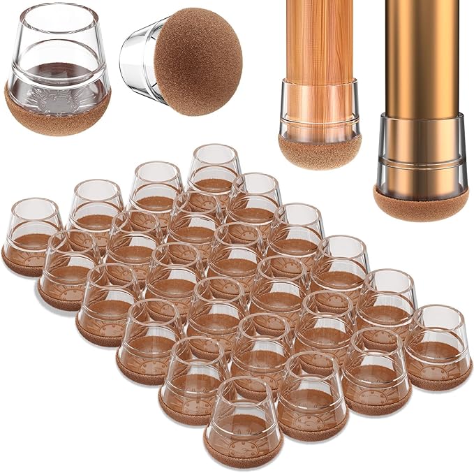 Chair Leg Floor Protectors Extra Small 24Pcs,Silicone Chair Leg Protectors for Hardwood Floors/Tiles,360°Wrapped Felt Bottom to Prevent Scratch and Reduce Noise, Round Clear
