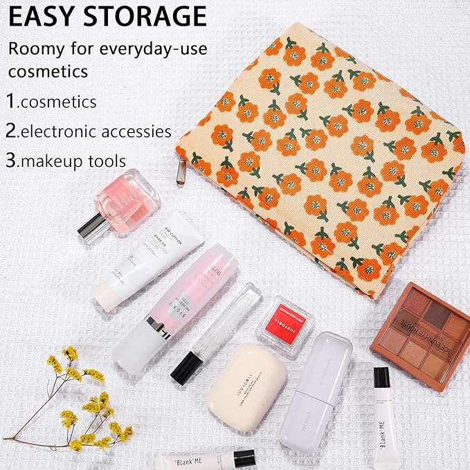 ZLFSRQ 2Pcs Daisy Flower Makeup Bag Travel Cute Cosmetic Bags for Women Large Floral Toiletry Pouch Zipper Cosmetic Pouch Set for Purse Aesthetic Corduroy Makeup Organizer Bag Portable Toiletry Bags