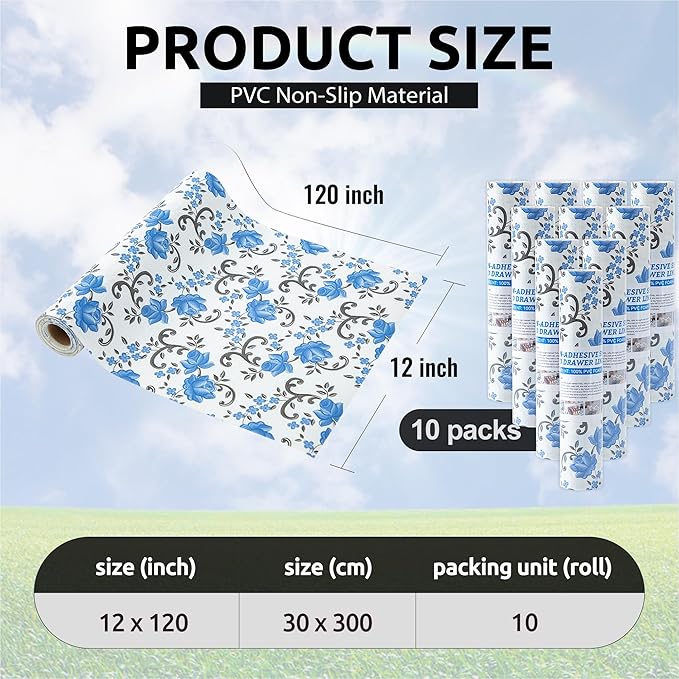 FIFTY FEET 12X120 Inch Shelf Liner for Kitchen Cabinets, PVC Drawer Liner for Dresser Non-Slip Bathroom, Non-Adhesive Cabinet Liner Washable (Blue Floral)(10 Roll)