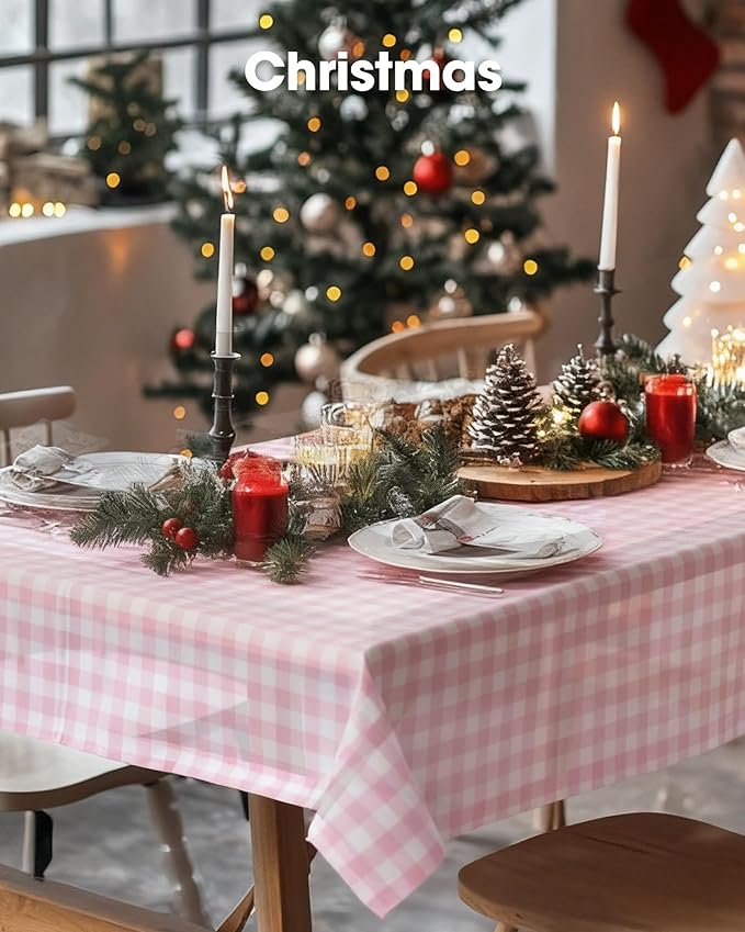 Pureegg Plastic Table Cloth Disposable 10 Pack, 54 x 108 Inch Table Cloths, Party, Picnic, Decorative Gingham Tablecloths, Rectangle, Pink and White Checkered Cover, Leakproof & Sturdy, Pink Plaid