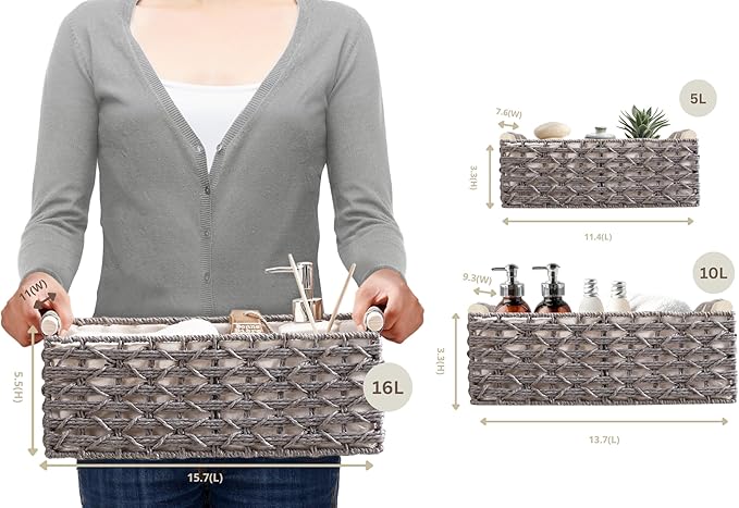 DECOMOMO Toilet Tank Basket, Wicker Storage Bins for Countertop, Toilet Top Organizer, Back of Toilet Basket, Pantry, (Grey, Set of 3)
