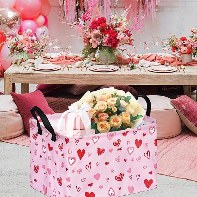 KUNRO Rectang Heart Pattern Vantine's Storage Basket Gift Shelf Basket Storage Bin, Nursery Basket Organizer Box for With Handles for Room Deco