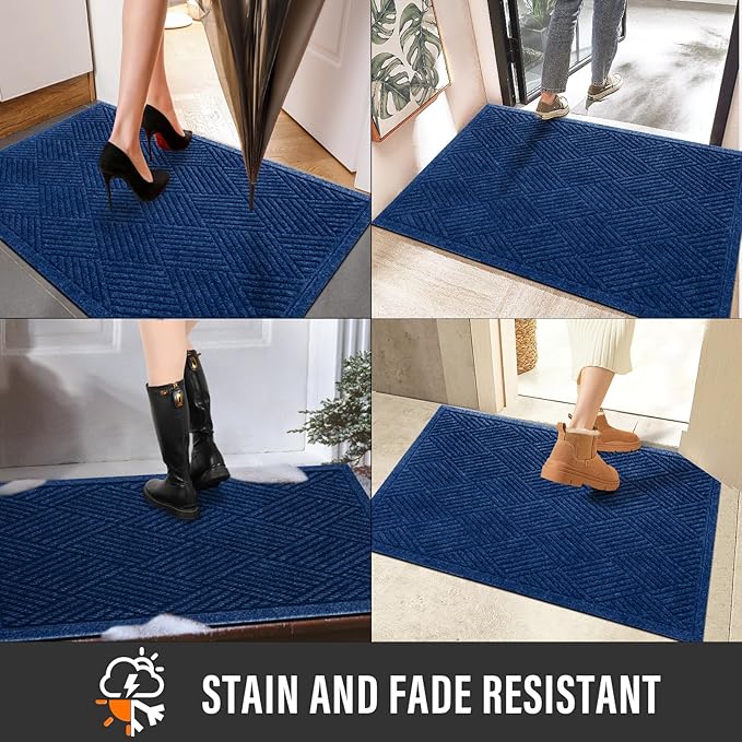 Sturdy Front Door Mat, Absorbent Muddy Dirt Resist Welcome Door Mats Outdoor Indoor, Stain and Fade Resistant, Non-Slip Rubber Backing Low Profile Doormat for Entryway, 47×32, Blue