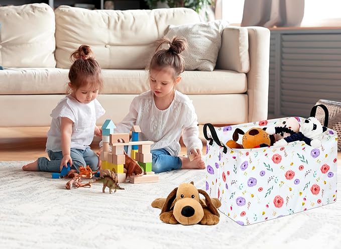 KUNRO Rectangle Flower Patter Storage Basket Gift Shelf Basket Storage Bin, Nursery Basket Organizer Box for With Handles for Room Deco