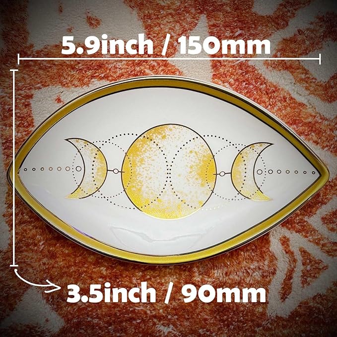 Exquisite Small Ceramic Jewelry Tray - Trinket Dish Evil Eye Decor, Gold Plate Ring Holder, Modern Boho Home Essentials, Perfume Organizer, Witchy, Aesthetic Room Decor (Moon)