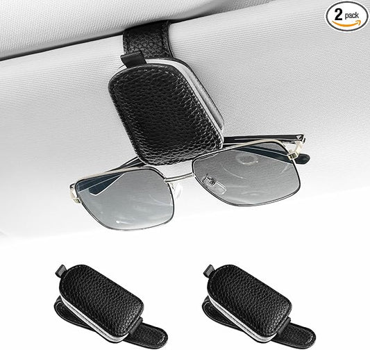 SINGARO Sunglasses Holder for Car, Leather Magnetic Buckle Sun Visor Sunglass Clip, Ticket Card Storage Glasses Clip, Car Interior Accessories for Men and Women (2PCS Black-Gray)