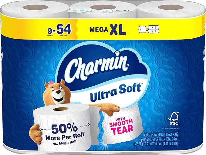 Charmin Ultra Soft Toilet Paper, 9 Mega XL Rolls = 54 Regular Rolls, 2-ply Bath Tissue