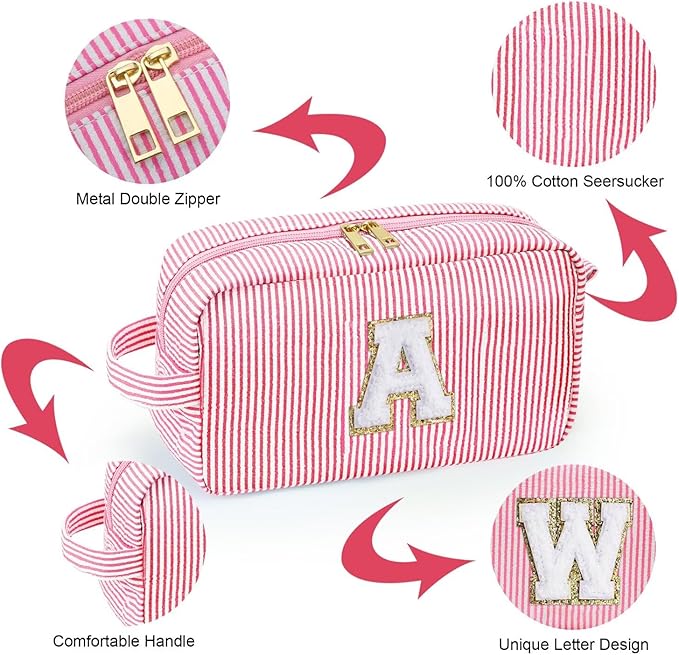 YOOLIFE Travel Cosmetic Bag - Monogram Cute Initial Pink Makeup Bag Toiletry Pouch Make-Up Case, Personalized Birthday Gifts for Best Friend, Sister, Teacher