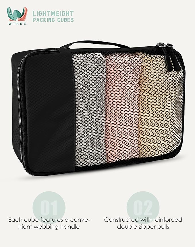 4-Piece Packing Cubes Travel Accessories Set for Suitcases - Luggage Organizer Bags with Double Zipper - Mesh Top - Medium - Black