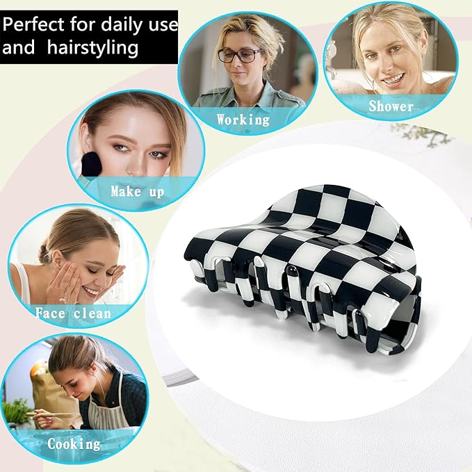 Womens Checkered Hair Clip Medium Checkered Claw Clips Black And White Jaw Clip,3pack