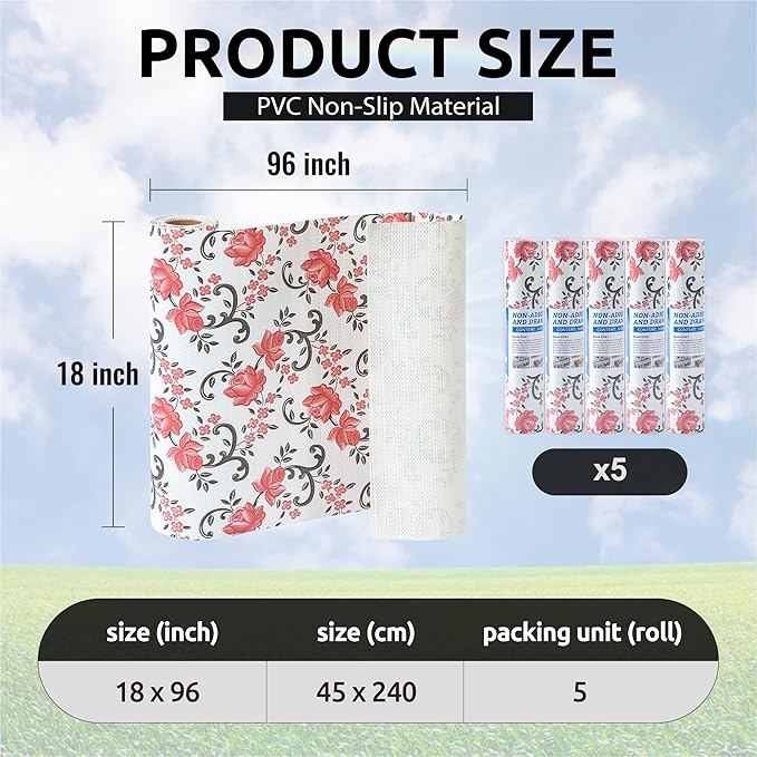 FIFTY FEET 18X96 Inch Shelf Liner for Kitchen Cabinets, PVC Drawer Liner for Dresser Non-Slip Bathroom, Non-Adhesive Cabinet Liner Washable (Red Floral)(5 Roll)
