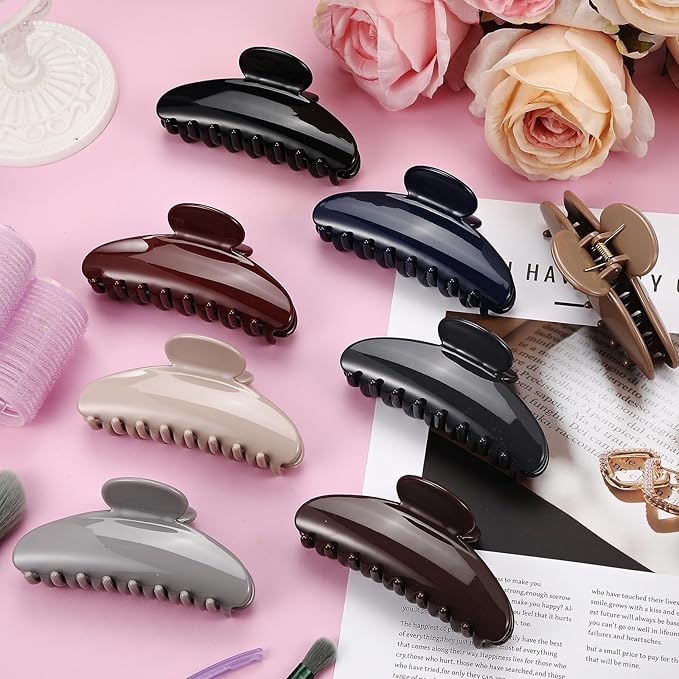 8 Pcs Large Acrylic Hair Claw Clips for Women Non-slip Strong Hold Jaw Clamps for Thick Thin Hair (French,Earth Tone Color)