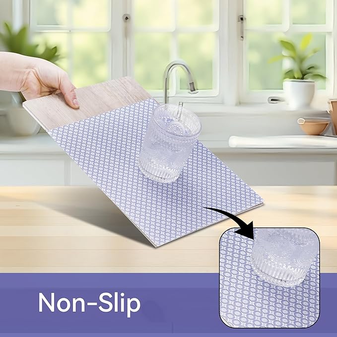 FIFTY FEET 12"x120" Non-Adhesive Shelf Liner for Kitchen Cabinets and Drawers, Washable Non-Slip PVC Cabinet Liner (Blue Circle)(8 Roll)