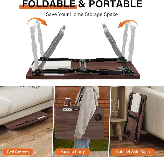 Height Adjustable Laptop Desk for Bed, Lap Bed Table with USB/Storage Drawer/Cup Holder/Tablet Stand/Book Shelf, Foldable Portable Breakfast Tray for Reading, Writing, Sofa & Floor, Walnut