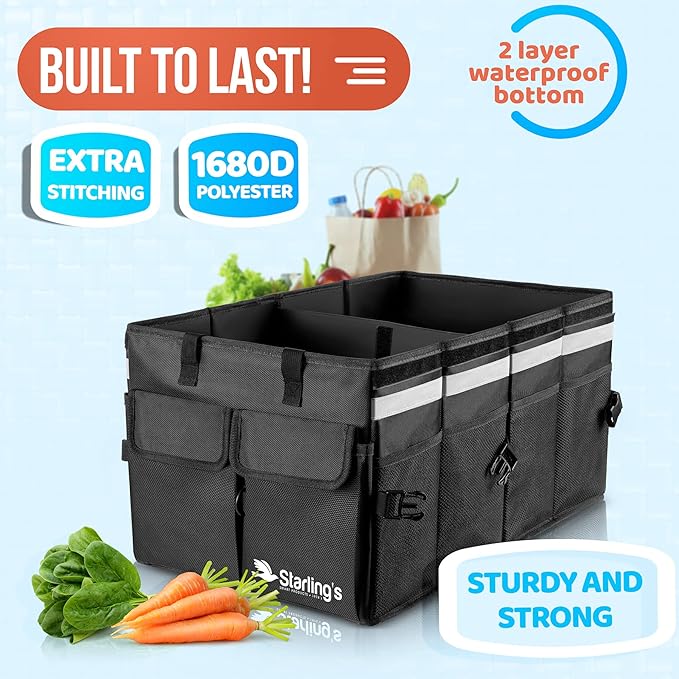 Starling's Car Trunk Organizer Super Strong, Foldable Storage Cargo Box for SUV, Auto, Truck Nonslip Waterproof Bottom, Fits any Vehicle, Comes with Adjustable Tie-Down Straps with Lid (Black, 2