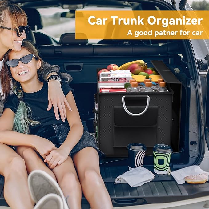 SUV Car Trunk Organizer with Lid 56L, Collapsible Golf Trunk Organizer, Multi-Compartment Car Caddy Organizer, Heavy-Duty Grocery Organizer for Car, Storage Bin Cargo Box for SUV Cargo Van Accessories