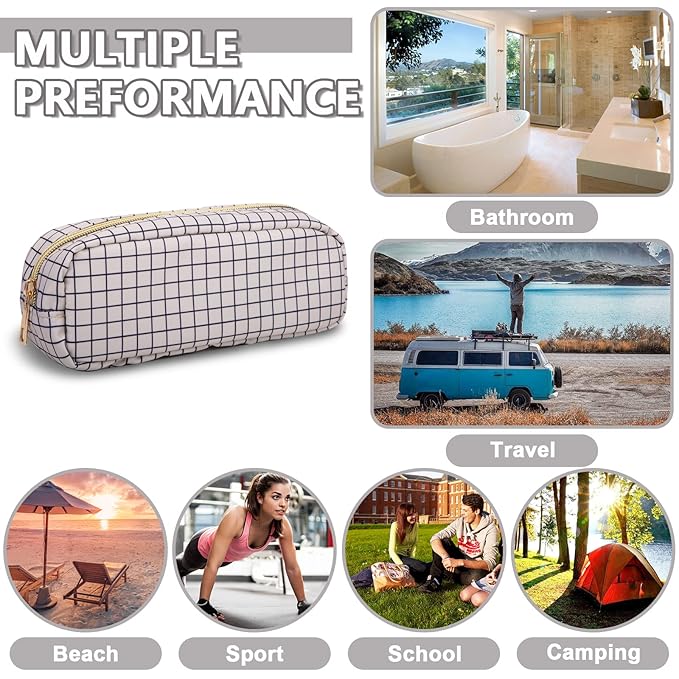 Small Pencil Case Makeup Bag for Purse, Cute Pencil Pouch Nylon Preppy Checkered Makeup Brush Bag with Zipper, Girls Portable Stationery Storage Case Small Pen Bag for Office School (Slim-Checkered)